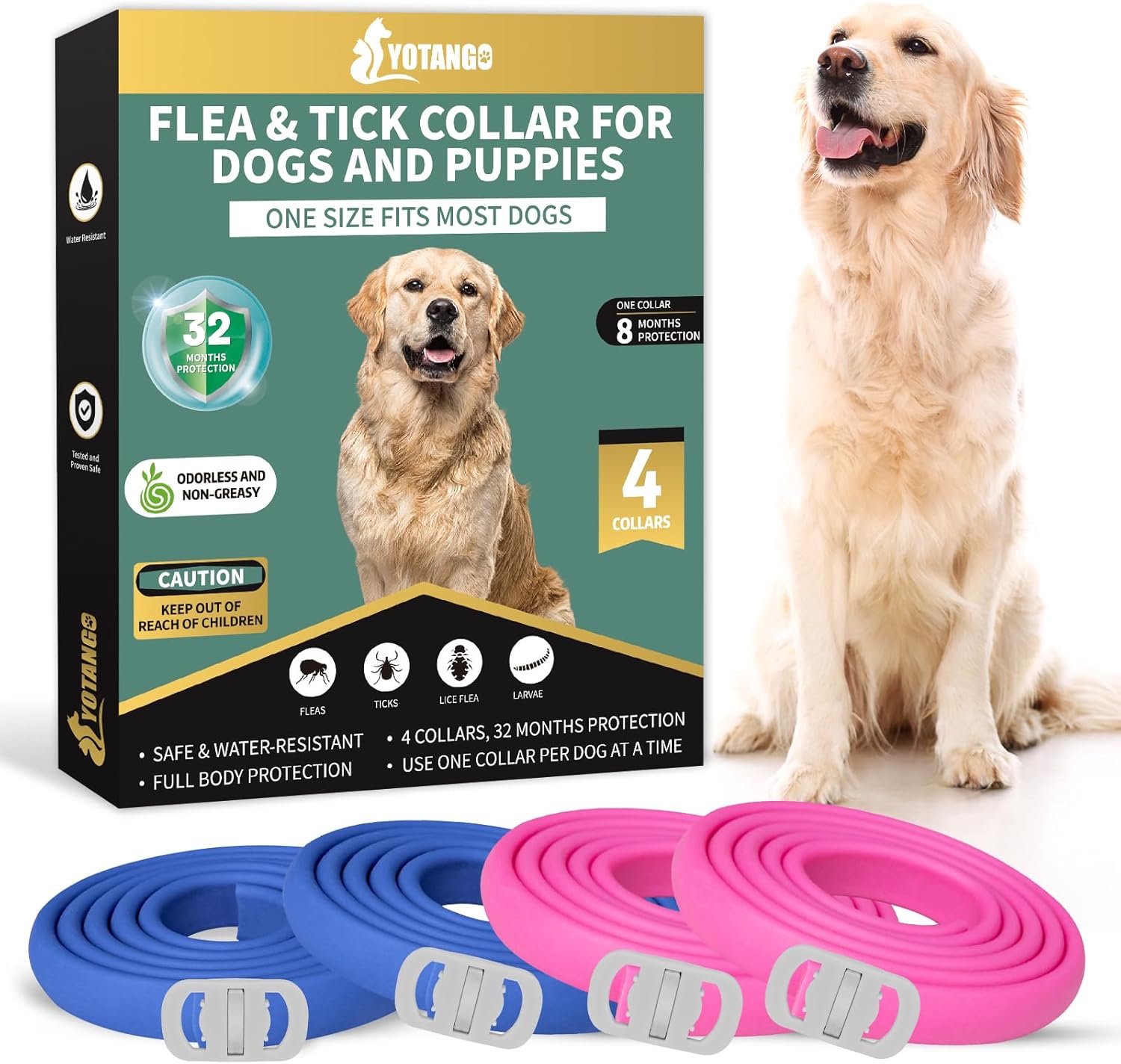 4 Pack Waterproof Dog Flea Collars, 32-Month Protection, Adjustable (Blue & Pink)